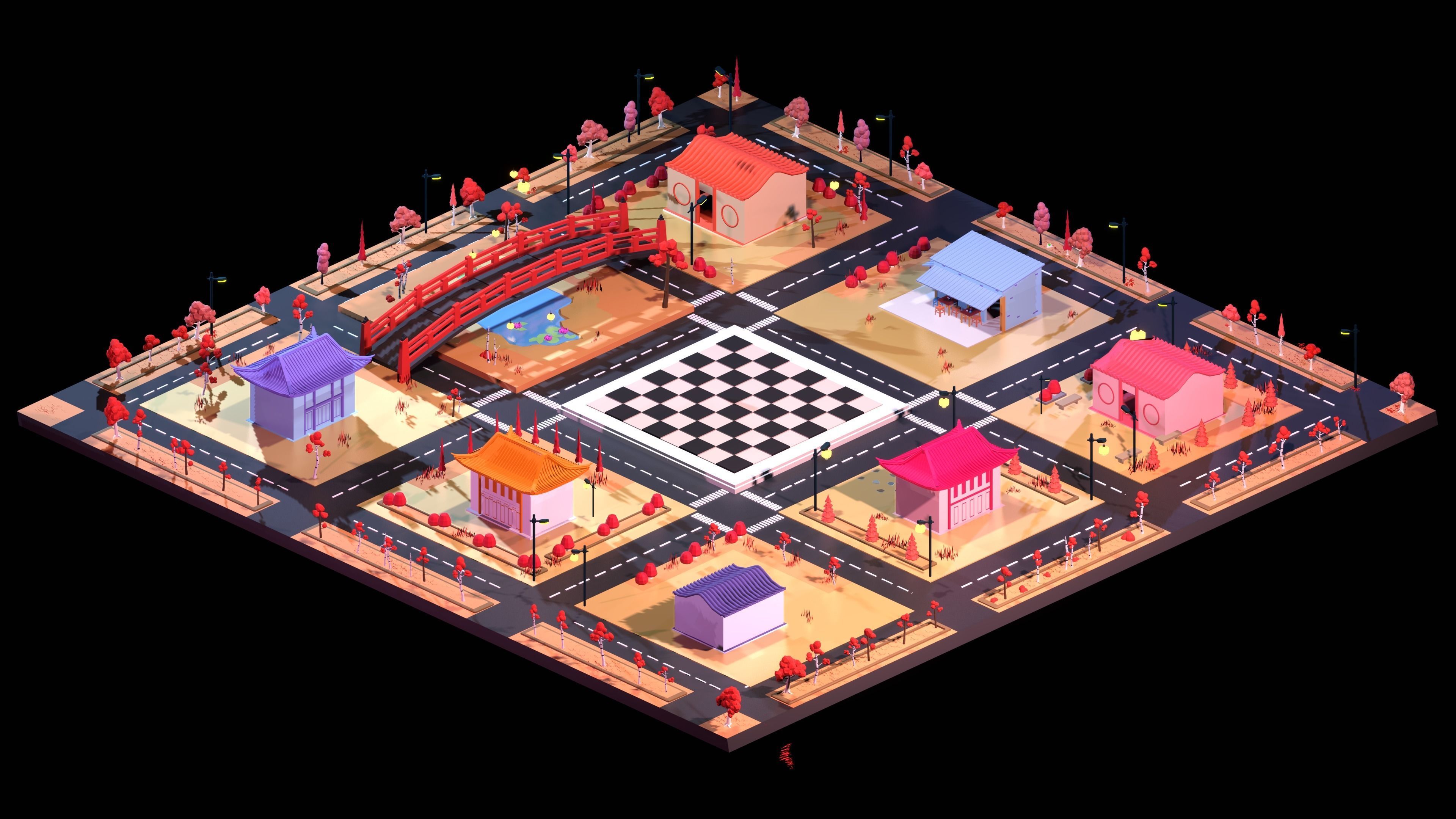 Low poly Japan city scene with chessboard 3D model Low-poly 3D model_3