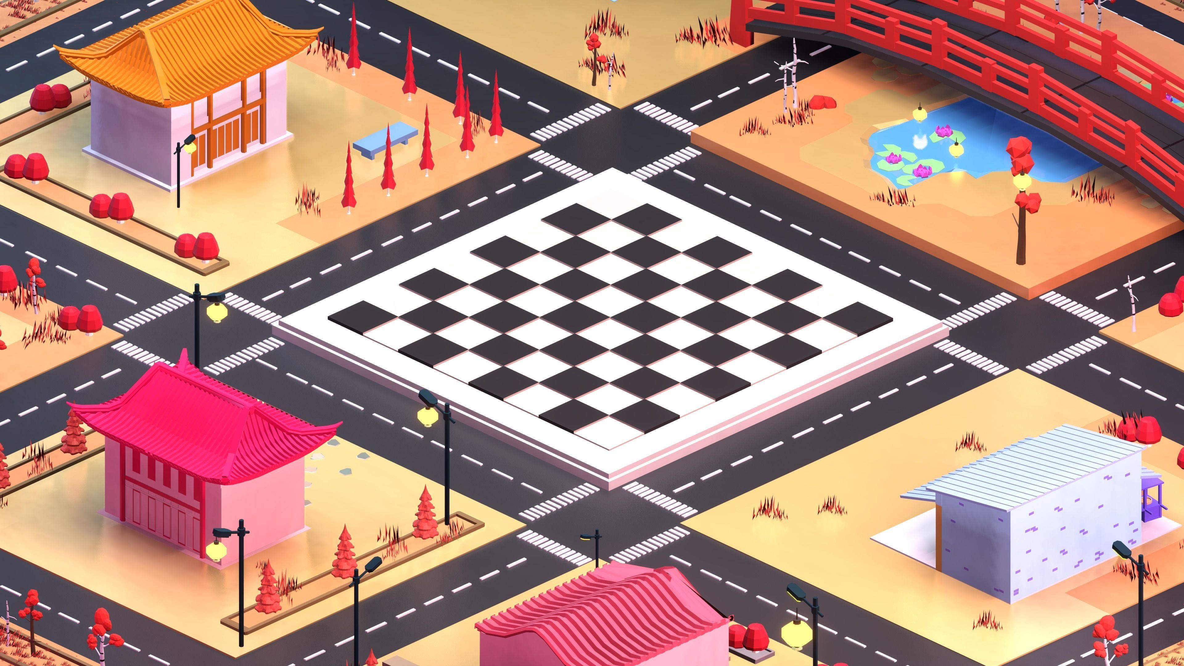 Low poly Japan city scene with chessboard 3D model Low-poly 3D model_8