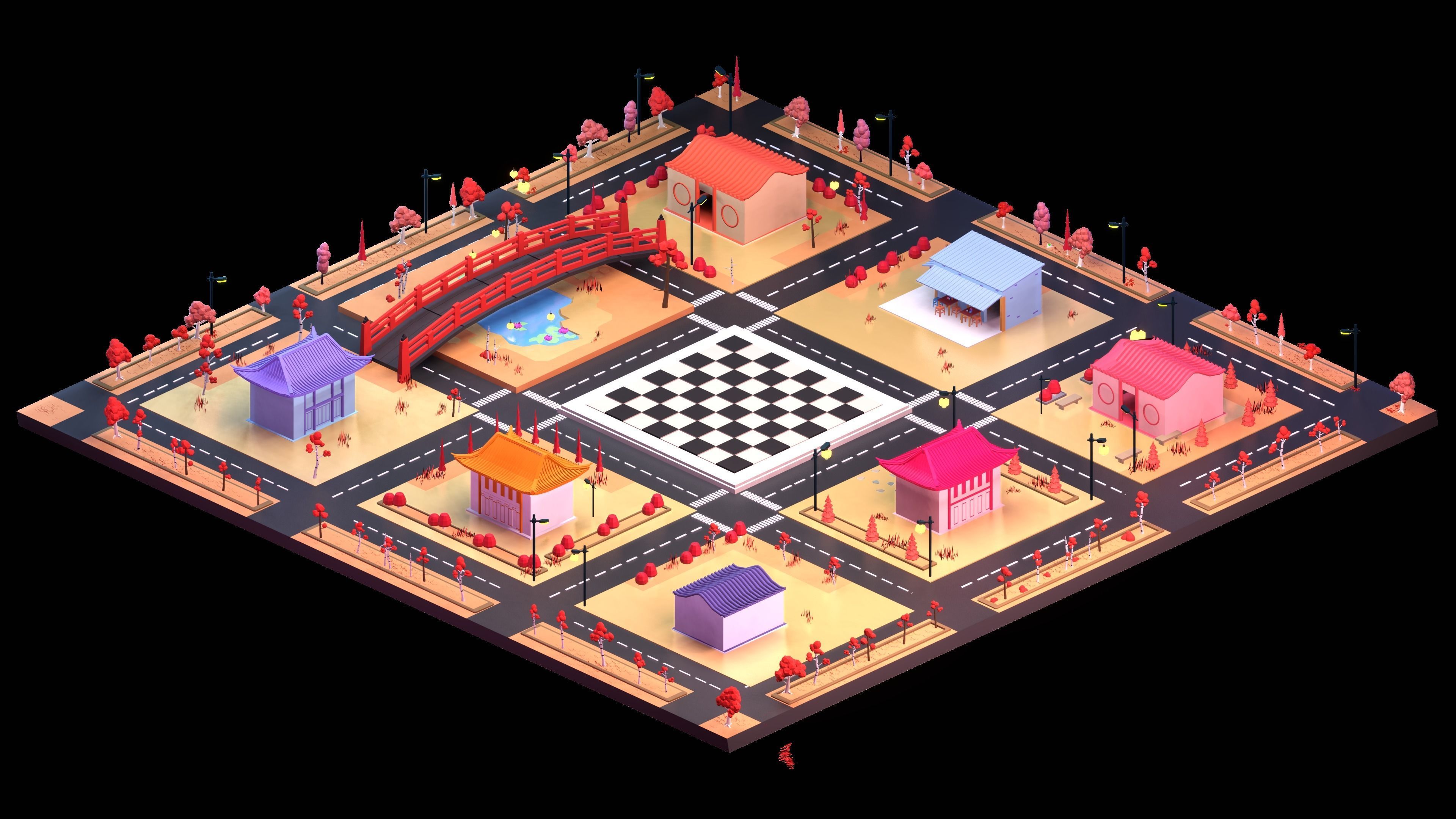 Low poly Japan city scene with chessboard 3D model Low-poly 3D model_4