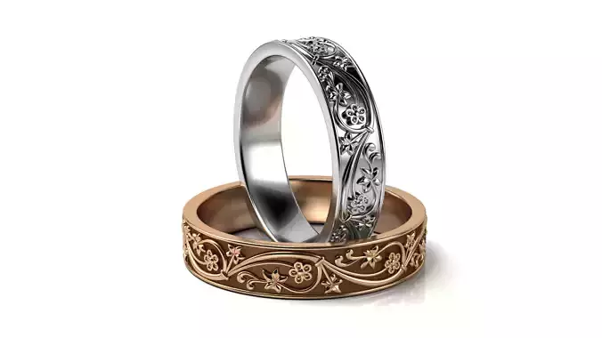 Leaves and Flowers wedding rings 3D print model