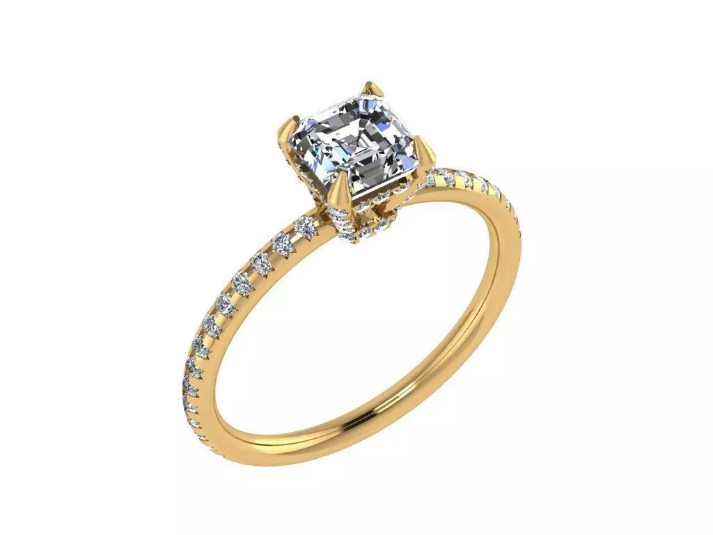 Ring047 gold engagement ring with cushion cut diamond 3D print model_0