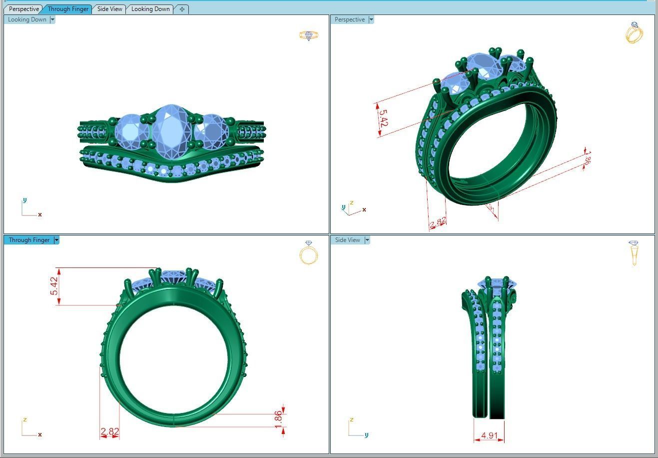 Ring049 three stone diamond ring set gold 3D print model_5