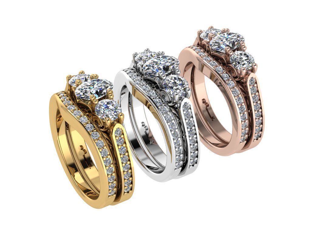 Ring049 three stone diamond ring set gold 3D print model_4
