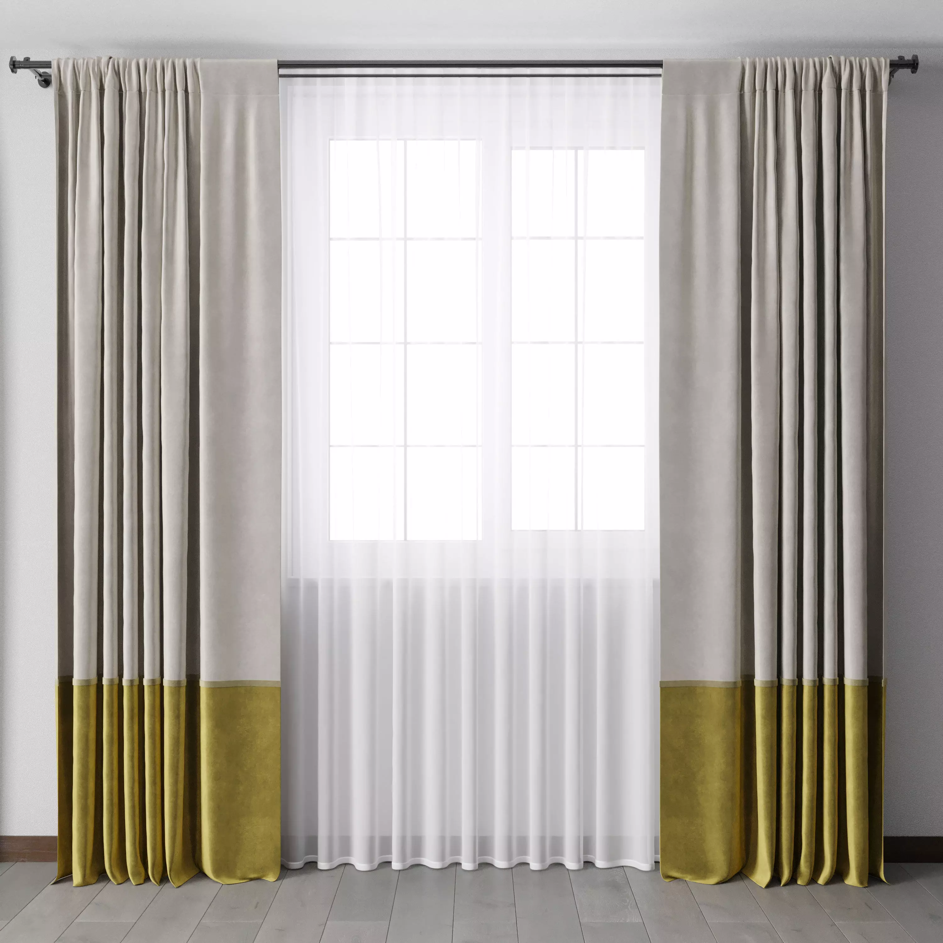 yellow Curtains with metal curtain rod 07 Low-poly 3D model_0