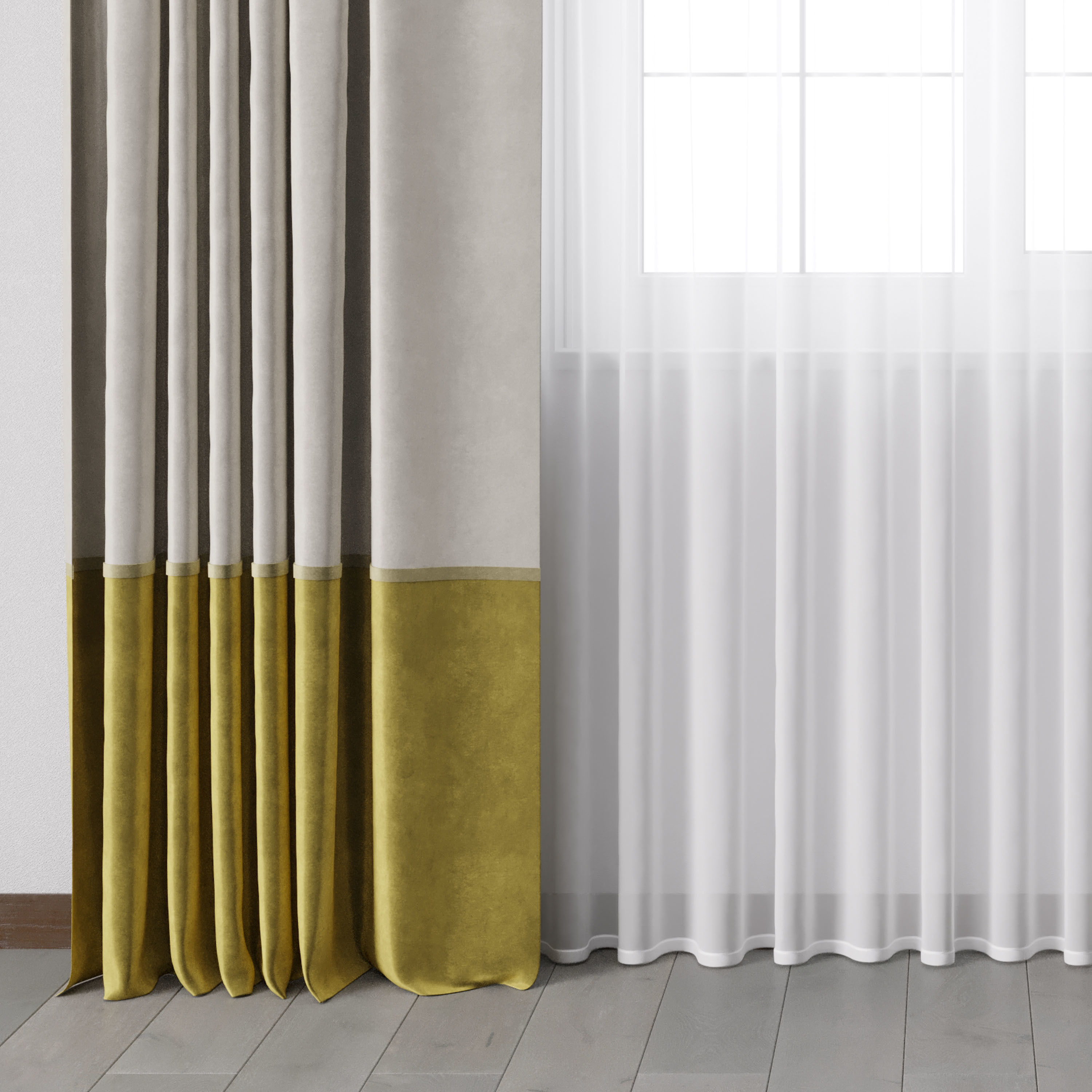yellow Curtains with metal curtain rod 07 Low-poly 3D model_2