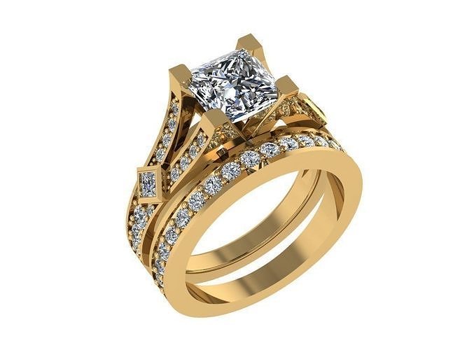 Ring051 princess cut diamond engagement ring set gold 3D print model