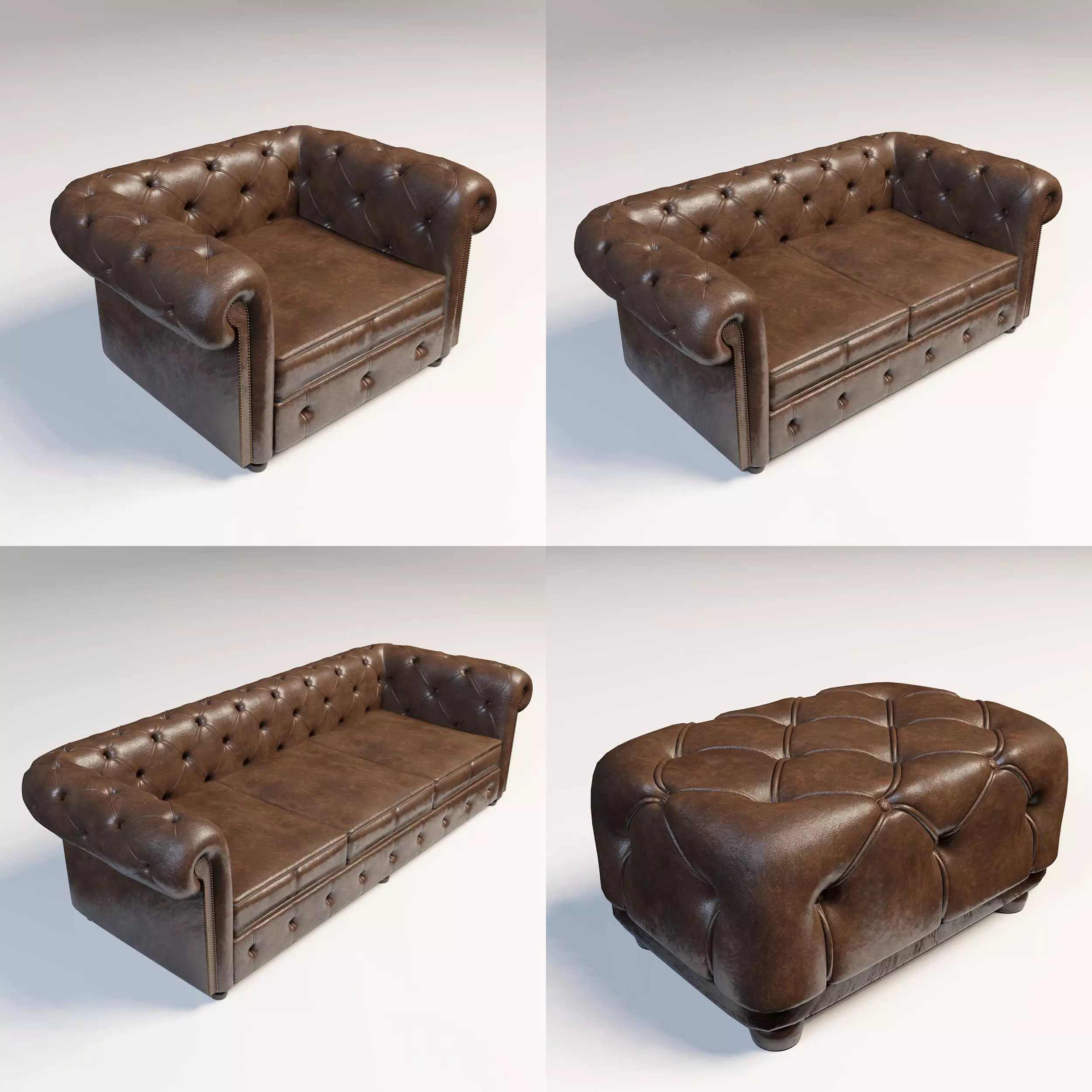 Complete Chesterfield Sofa Suite with Leather Texture 3D model_0