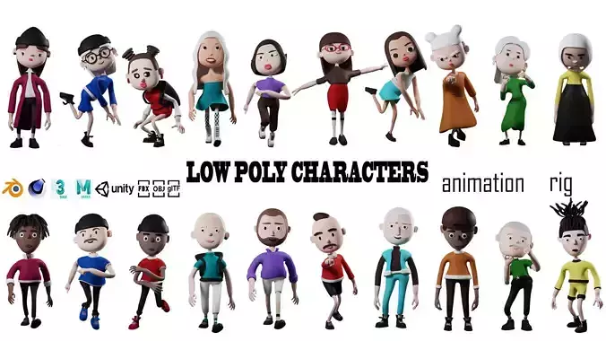 Low poly cartoon characters 1 02 pack 3d model