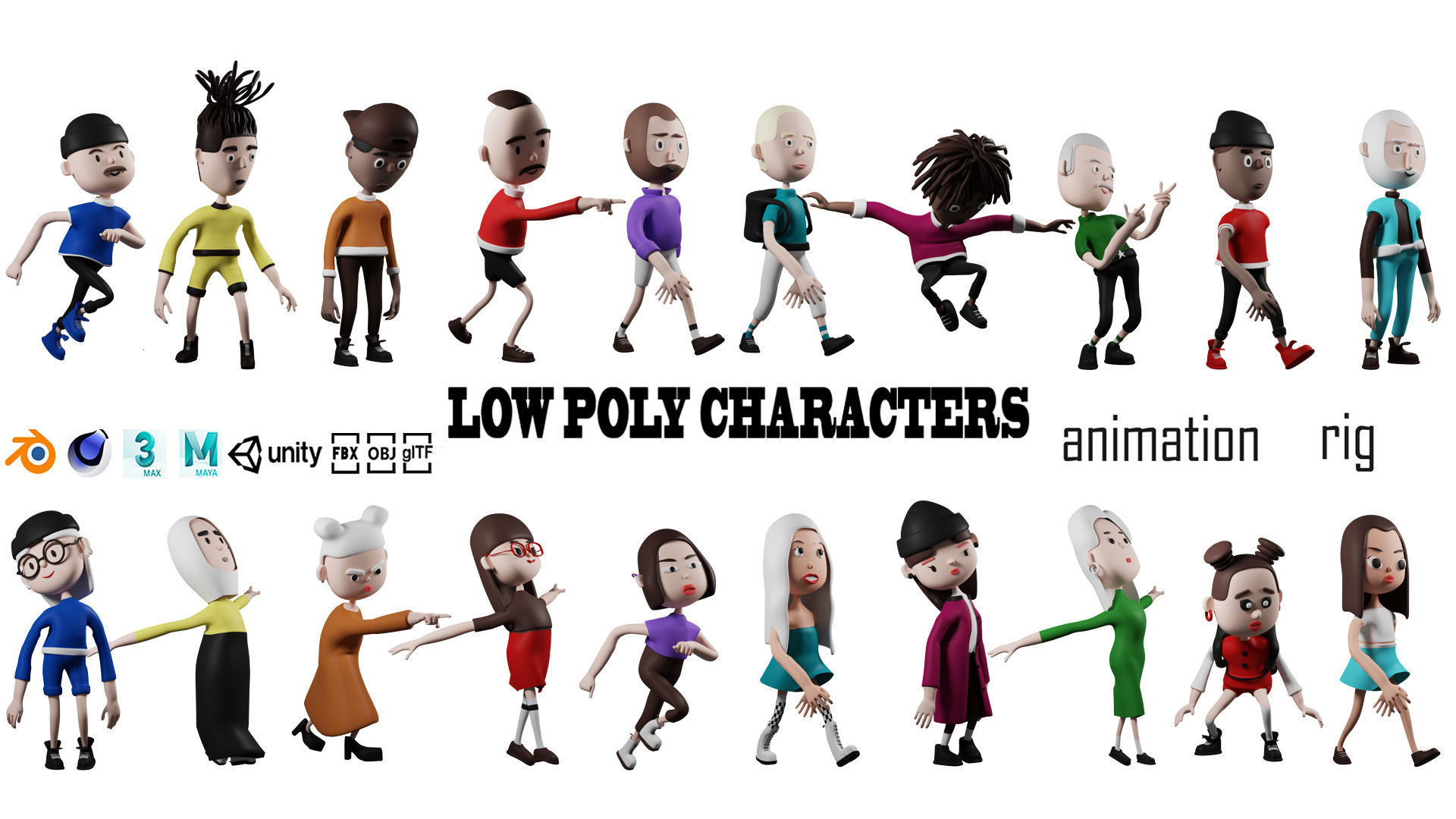 Low poly cartoon characters 1 02 pack 3d model Low-poly 3D model_2