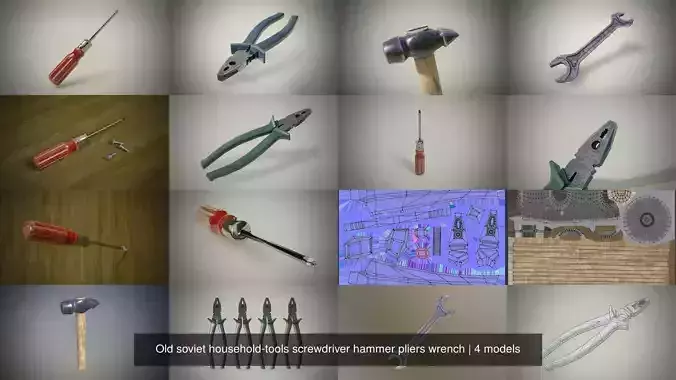 Old soviet household-tools screwdriver hammer pliers wrench