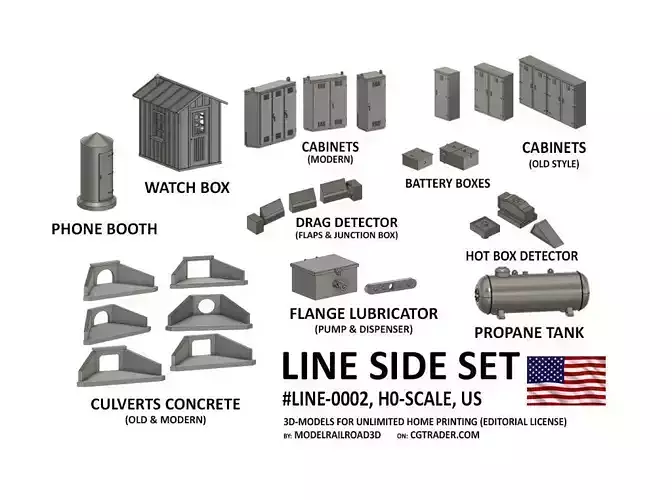 LINE-0002 Line side US set 30 items H0-scale 3D print model