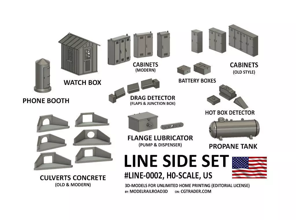 LINE-0002 Line side US set 30 items H0-scale 3D print model_0