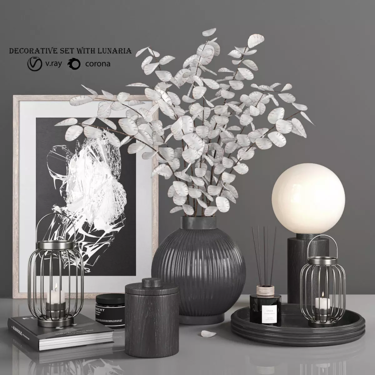 decorative set with white flower 3D model_0