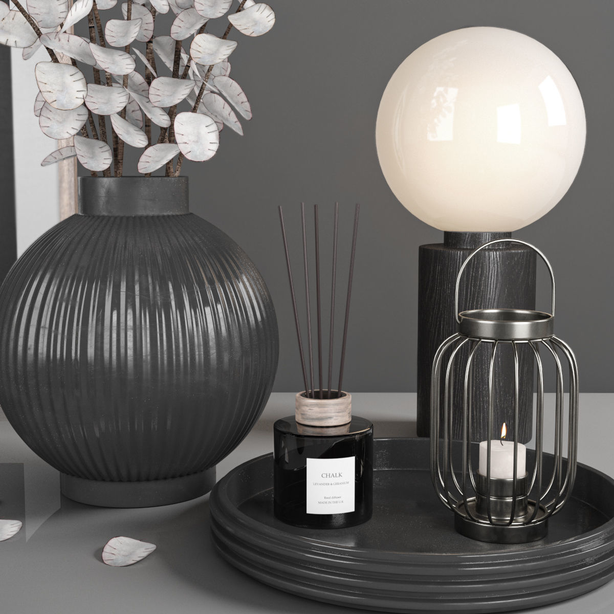 decorative set with white flower 3D model_1