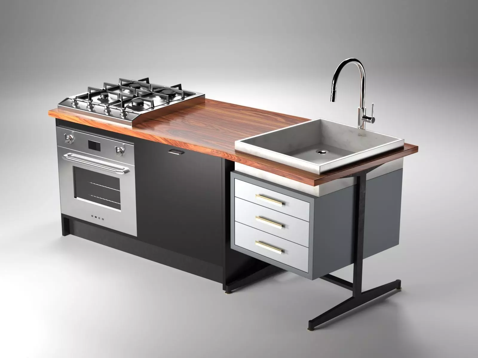 Kitchen Set 2 with sink and stove 3D model_0