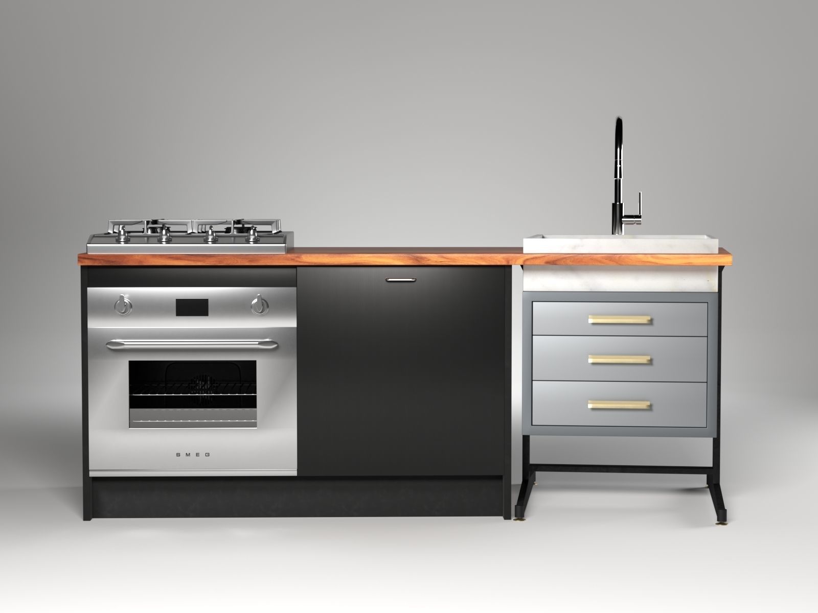 Kitchen Set 2 with sink and stove 3D model_1