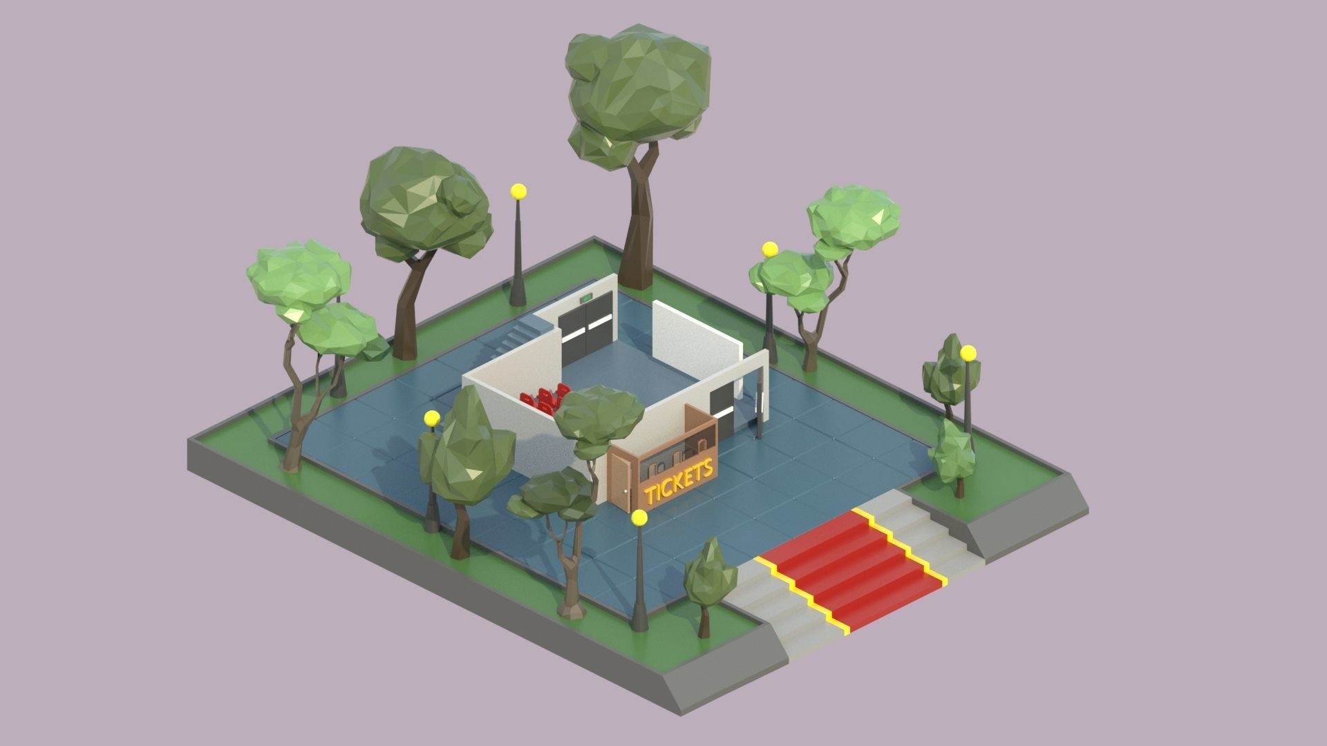 low poly isometric cinema building Low-poly 3D model_3