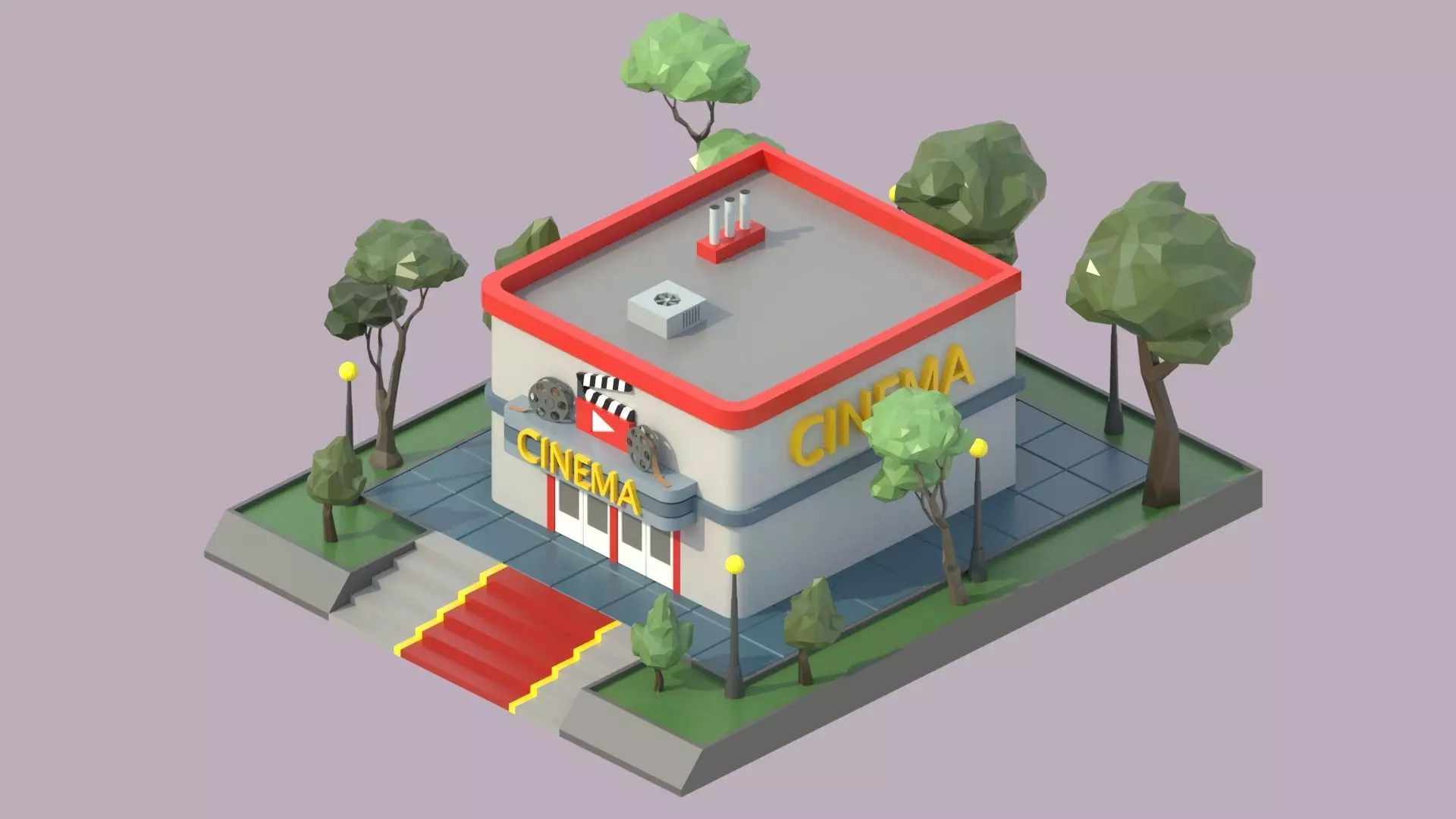 low poly isometric cinema building Low-poly 3D model_0