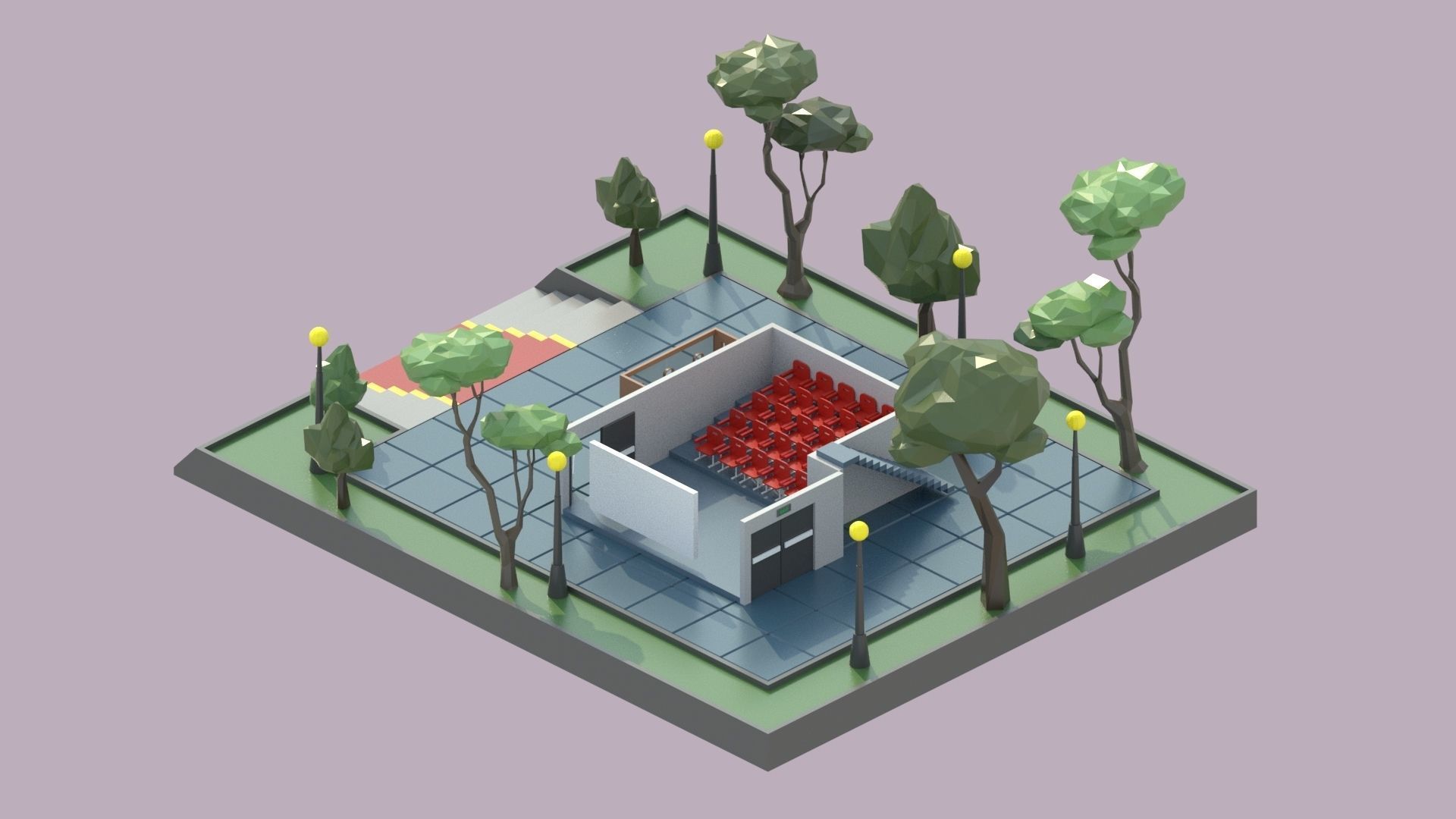 low poly isometric cinema building Low-poly 3D model_4