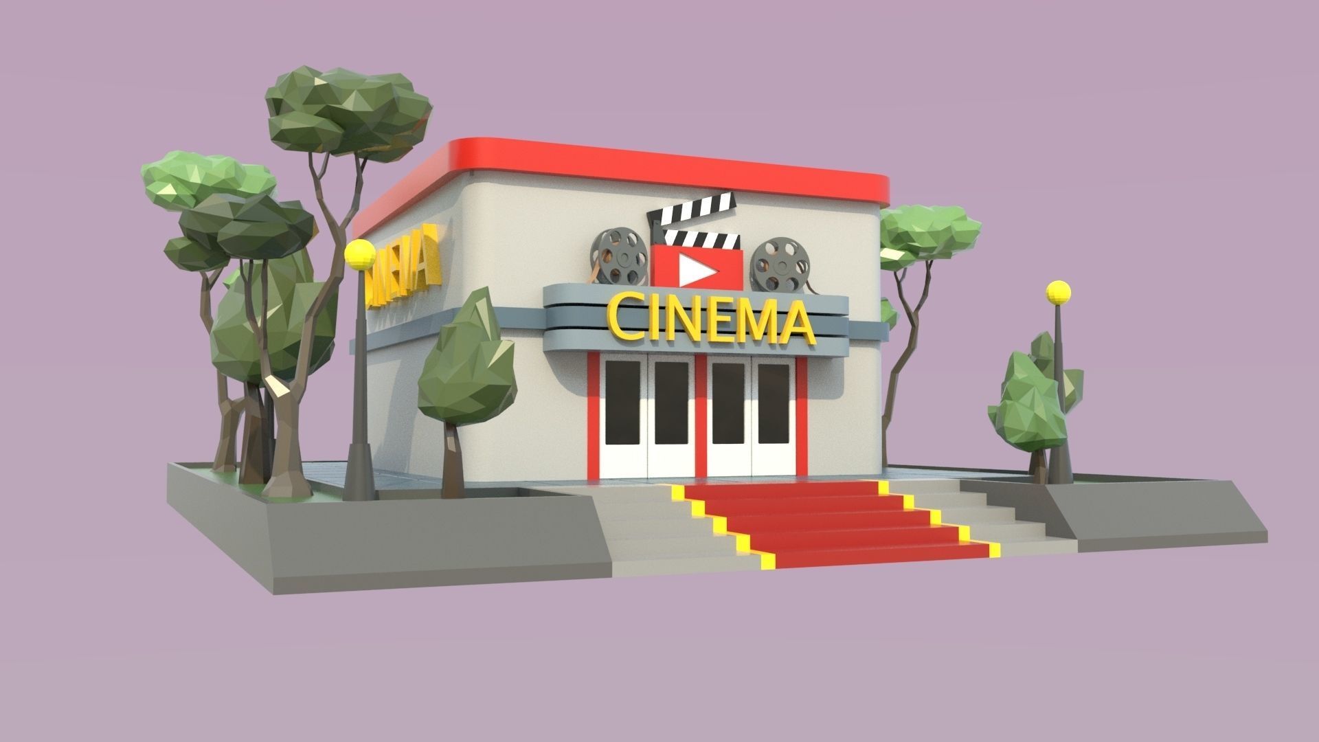 low poly isometric cinema building Low-poly 3D model_1