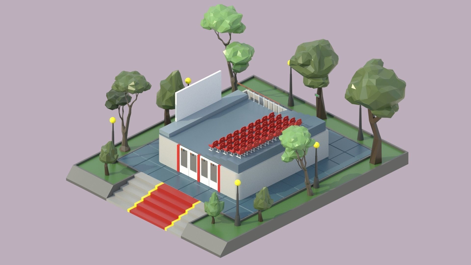 low poly isometric cinema building Low-poly 3D model_6