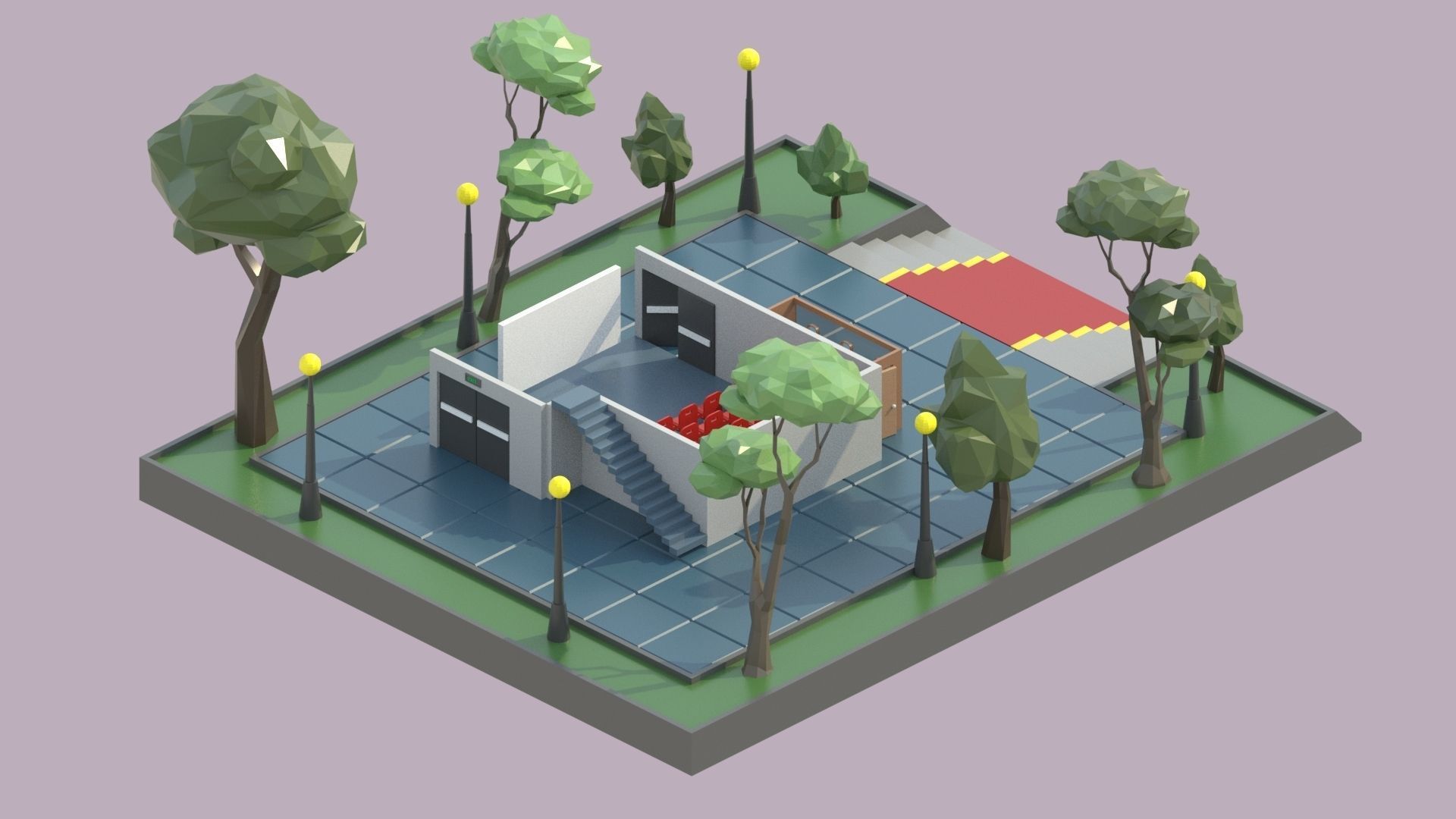 low poly isometric cinema building Low-poly 3D model_5