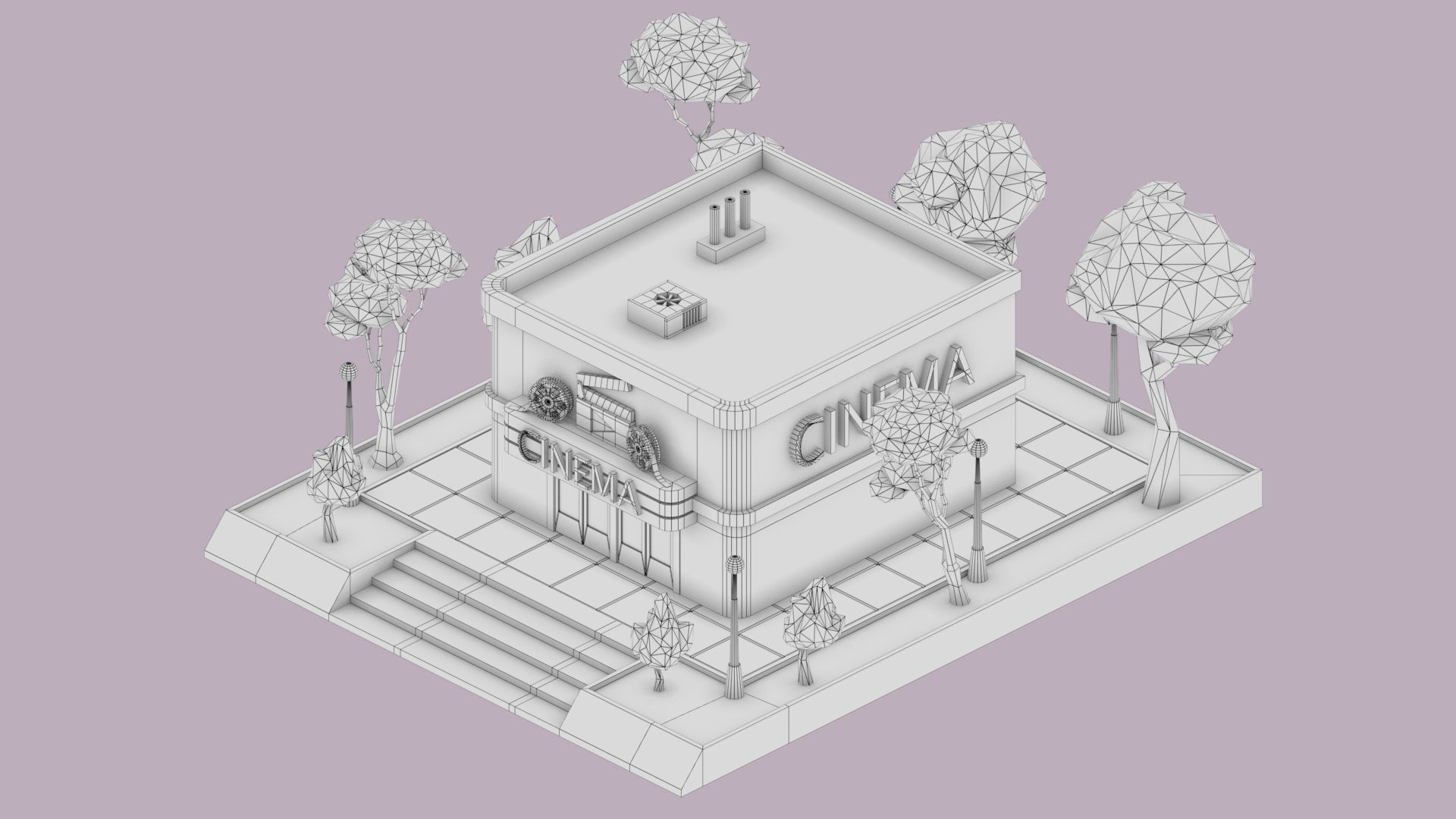 low poly isometric cinema building Low-poly 3D model_8