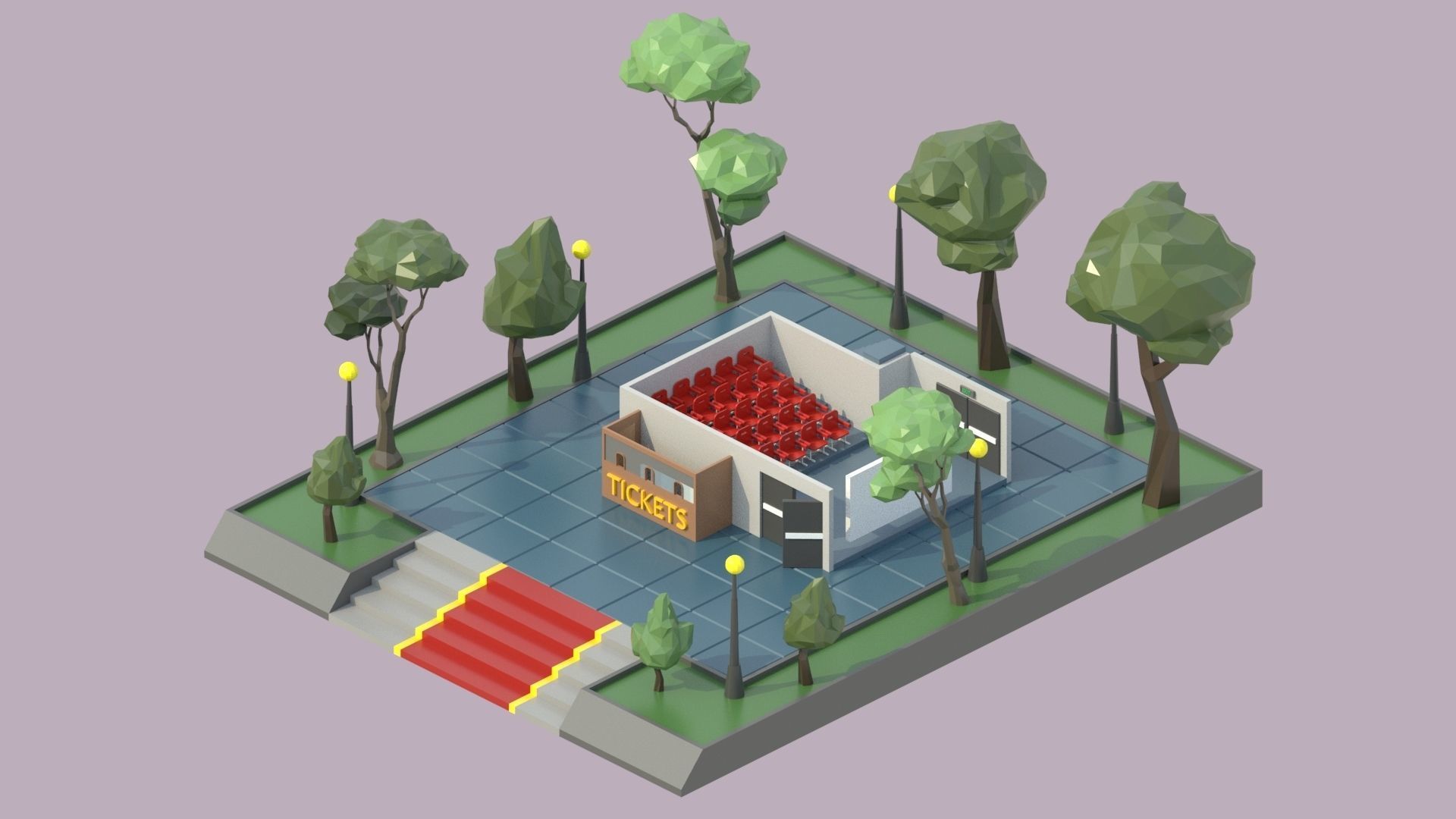 low poly isometric cinema building Low-poly 3D model_2