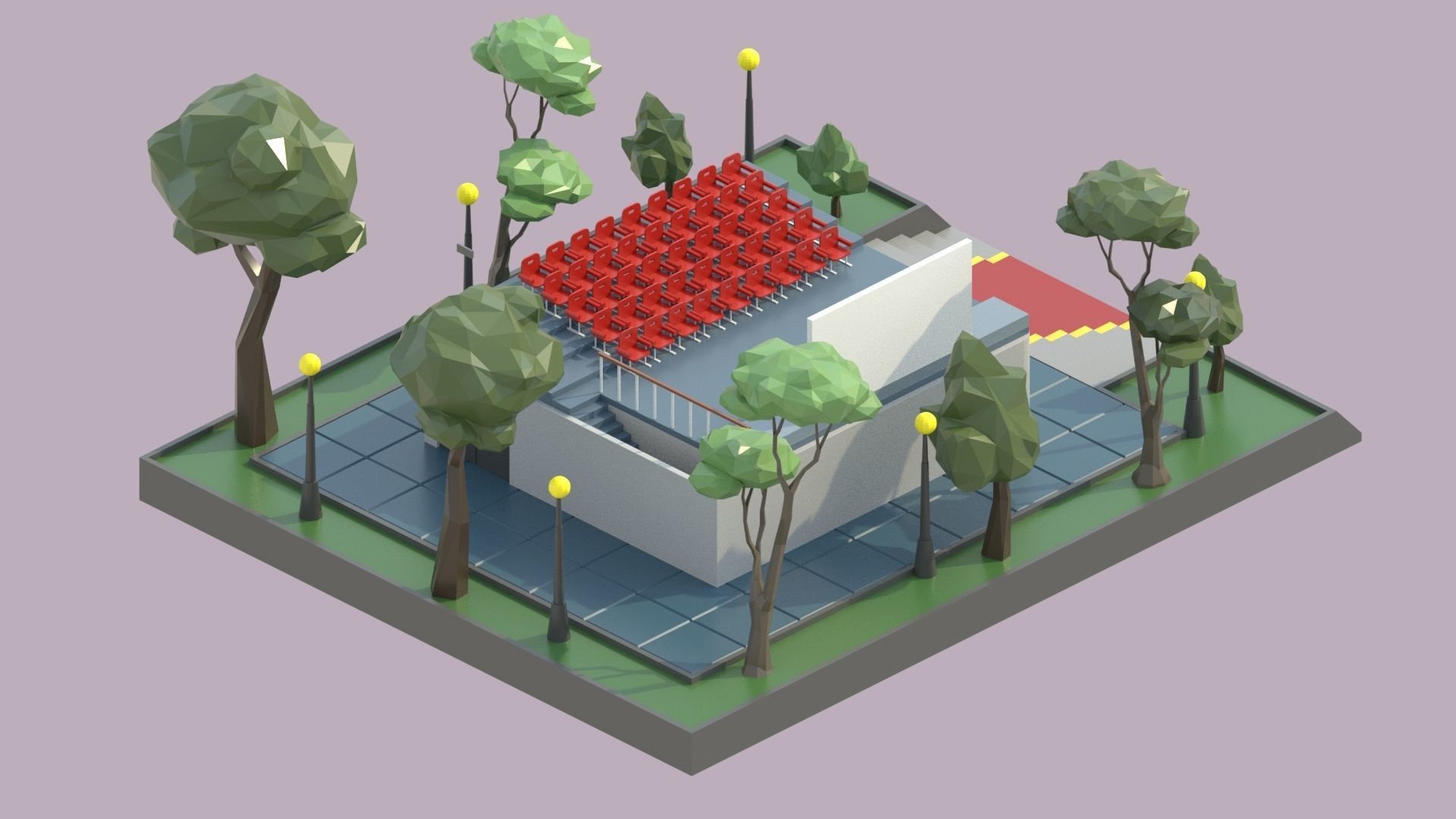low poly isometric cinema building Low-poly 3D model_7