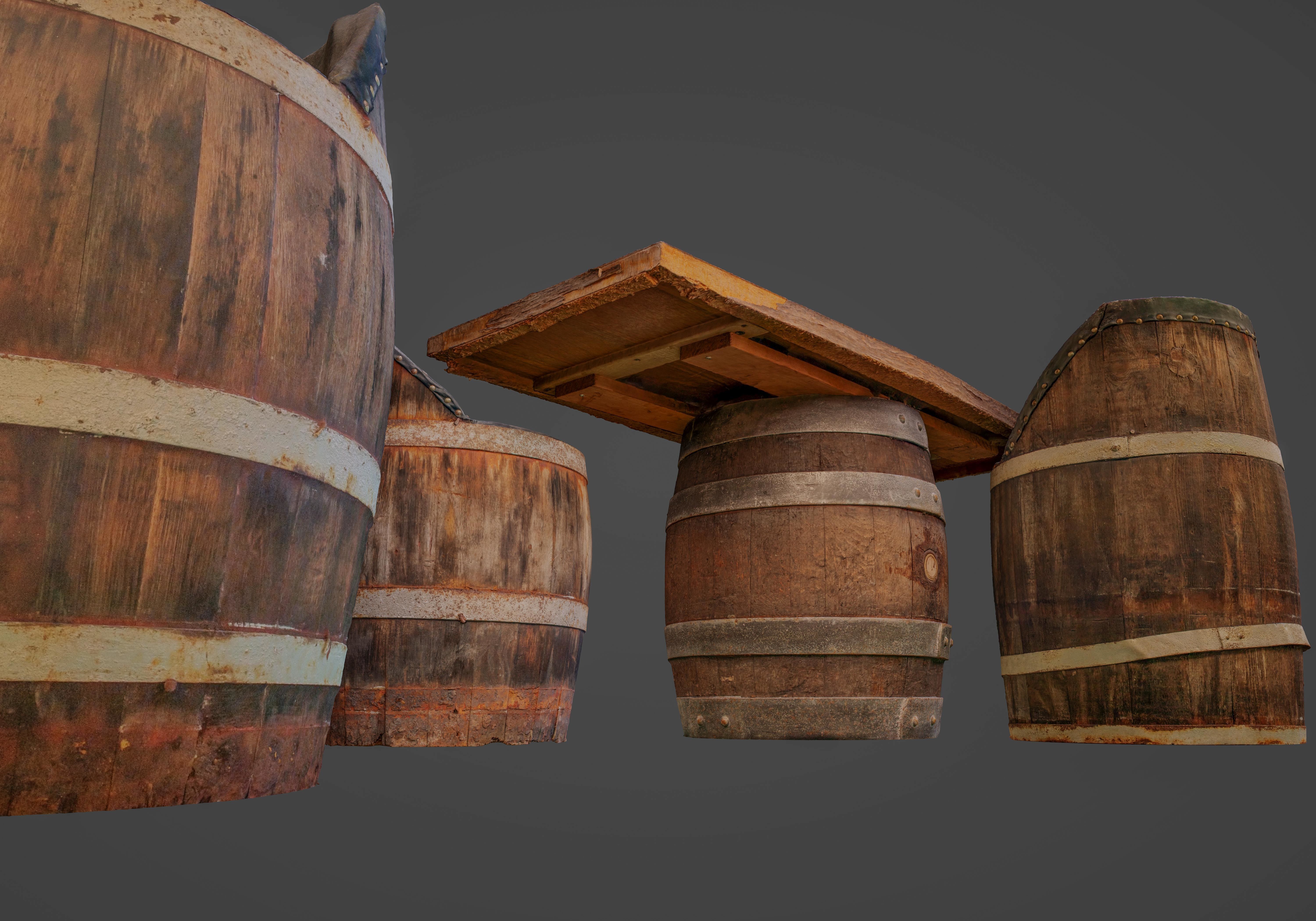 used wine barrel furniture scan with 4 LODs - Gameready Low-poly 3D model_2