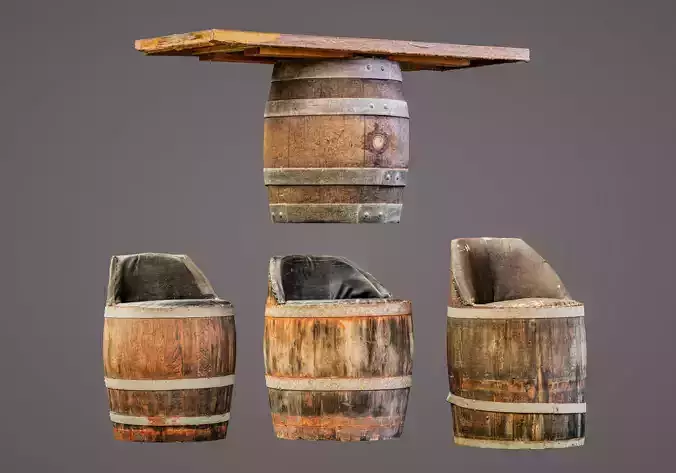 used wine barrel furniture scan with 4 LODs - Gameready