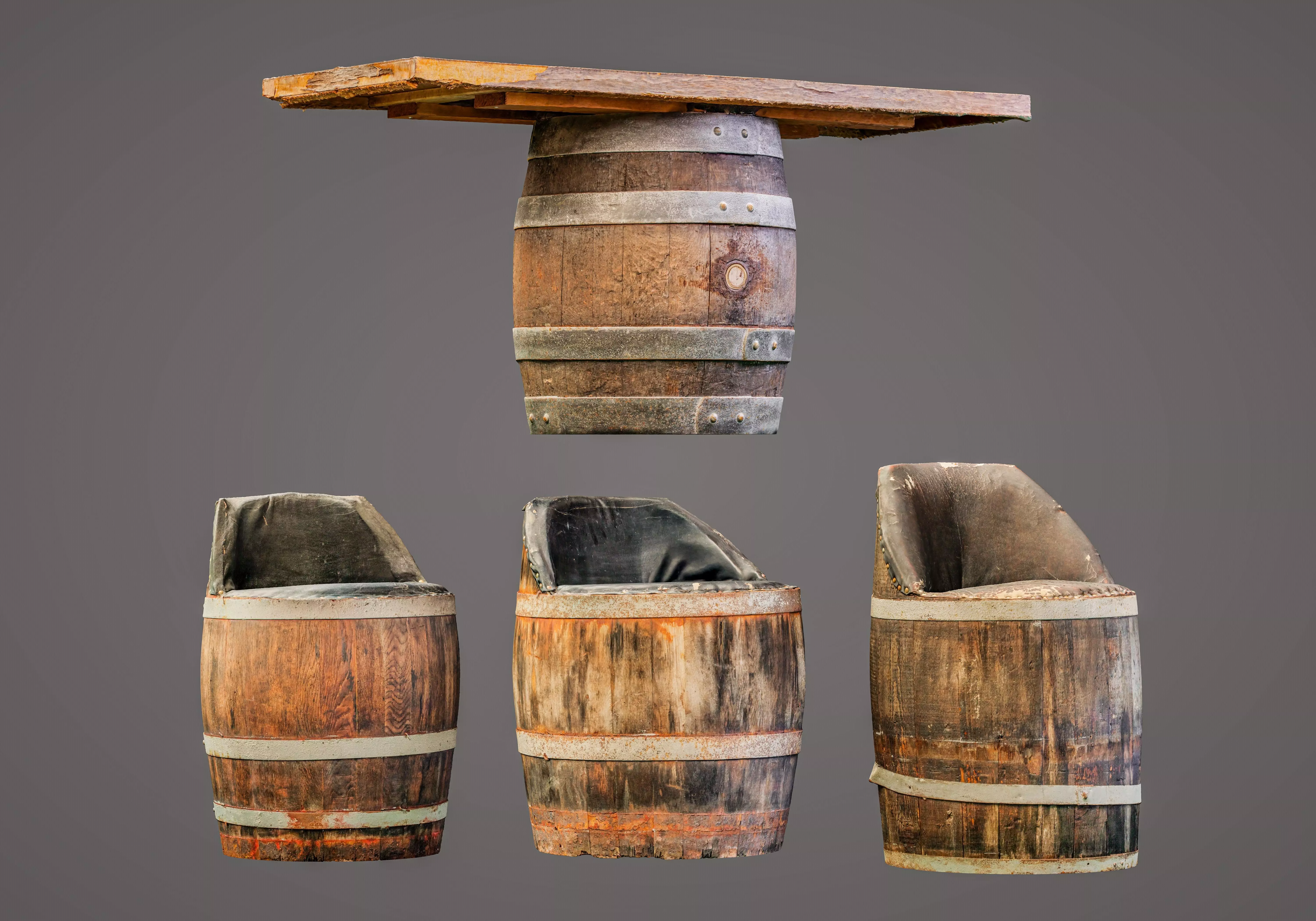 used wine barrel furniture scan with 4 LODs - Gameready Low-poly 3D model_0