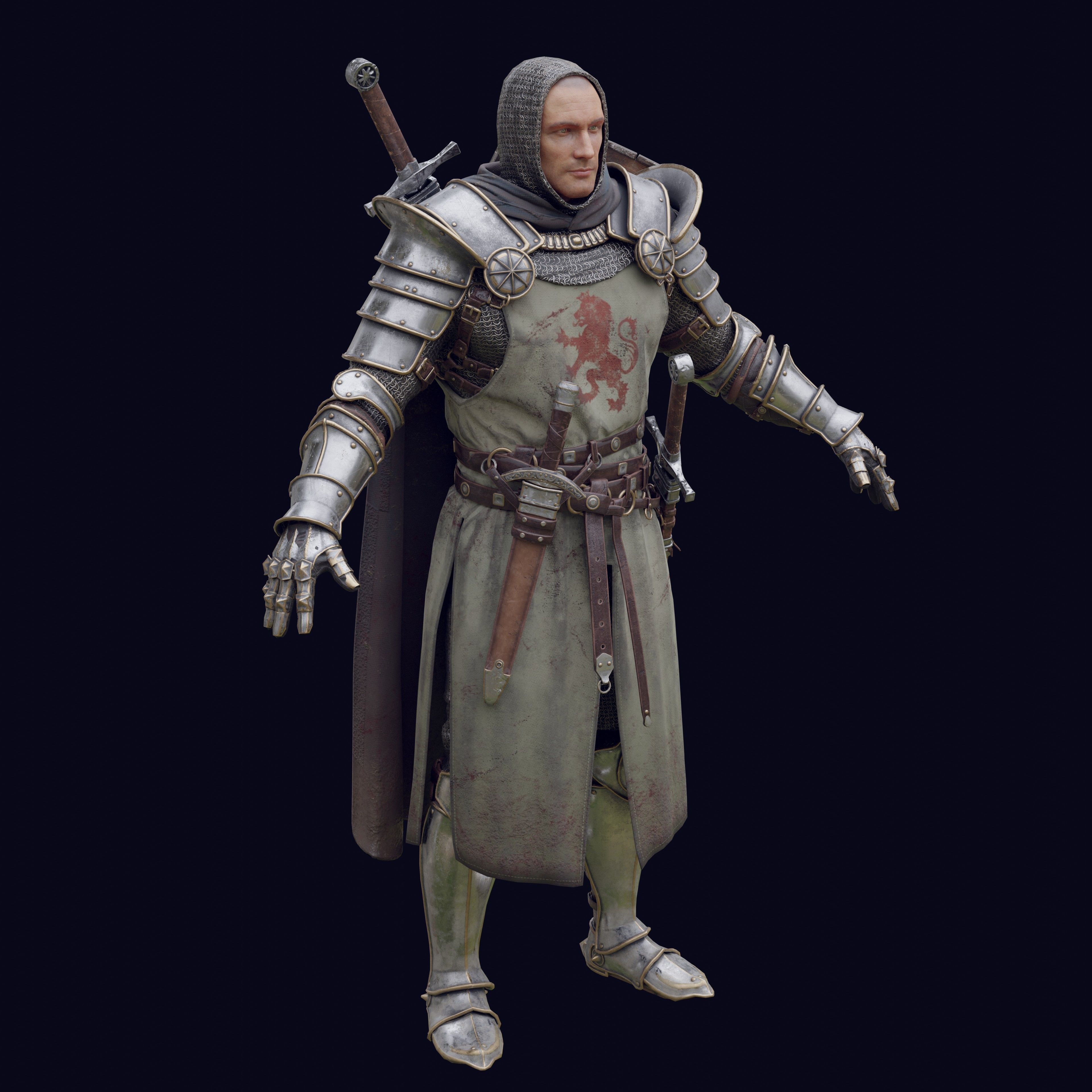 Crusader knight in armor Low-poly 3D model_18