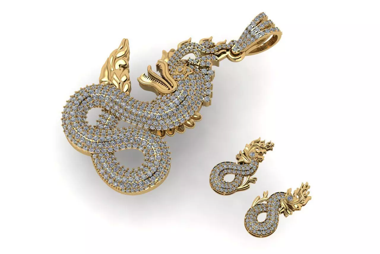 PENDANTS-SET gold dragon pendant and earring set 3D print model