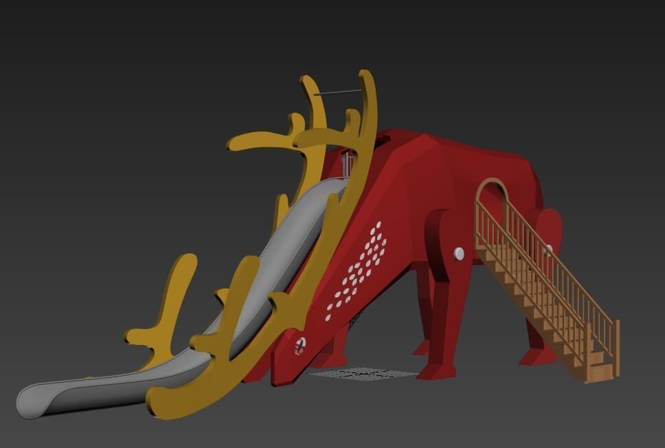 School kindergarten children outdoor playground deer slide set 3D model_2