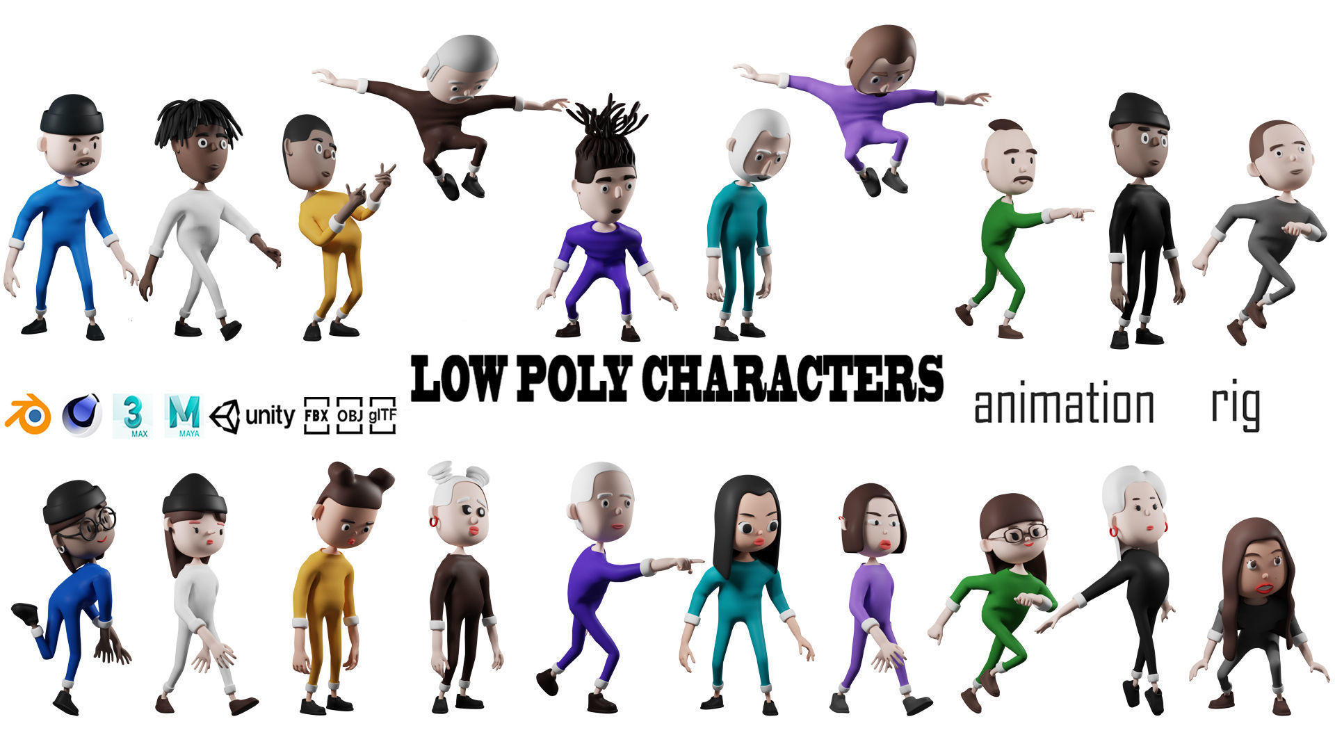 Low poly cartoon pajama characters 1 04 pack 3d model Low-poly 3D model_2