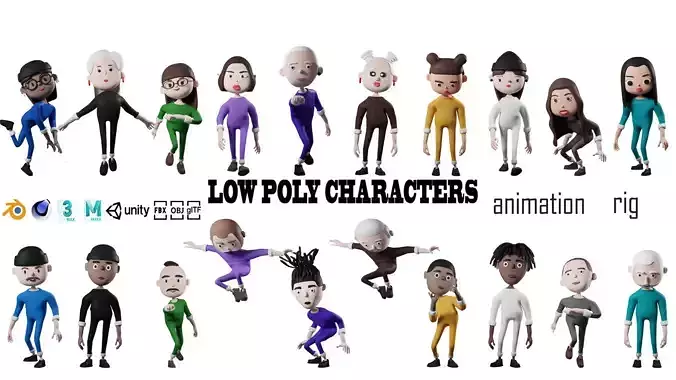Low poly cartoon pajama characters 1 04 pack 3d model