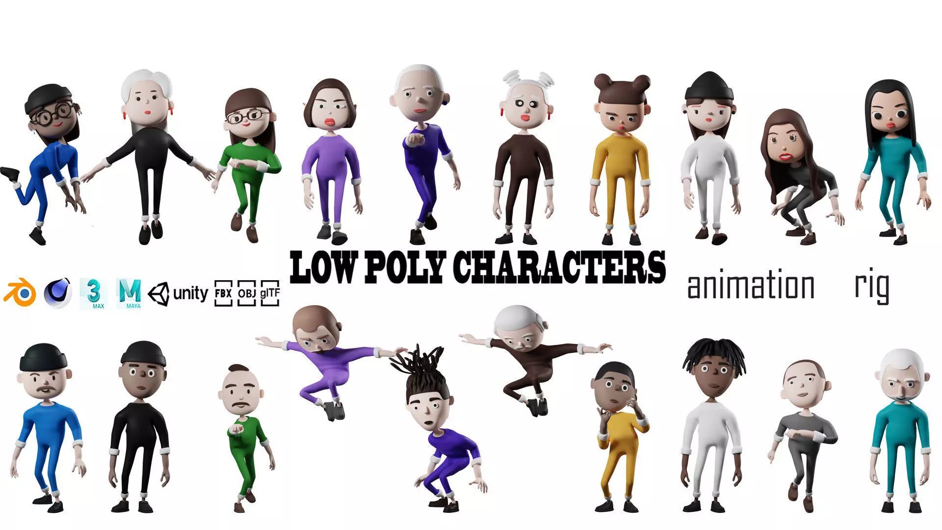 Low poly cartoon pajama characters 1 04 pack 3d model Low-poly 3D model_0