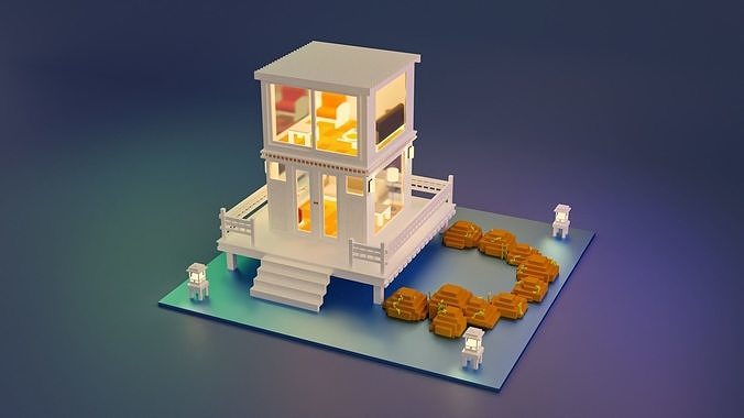 Small white courtyard building Free 3D model