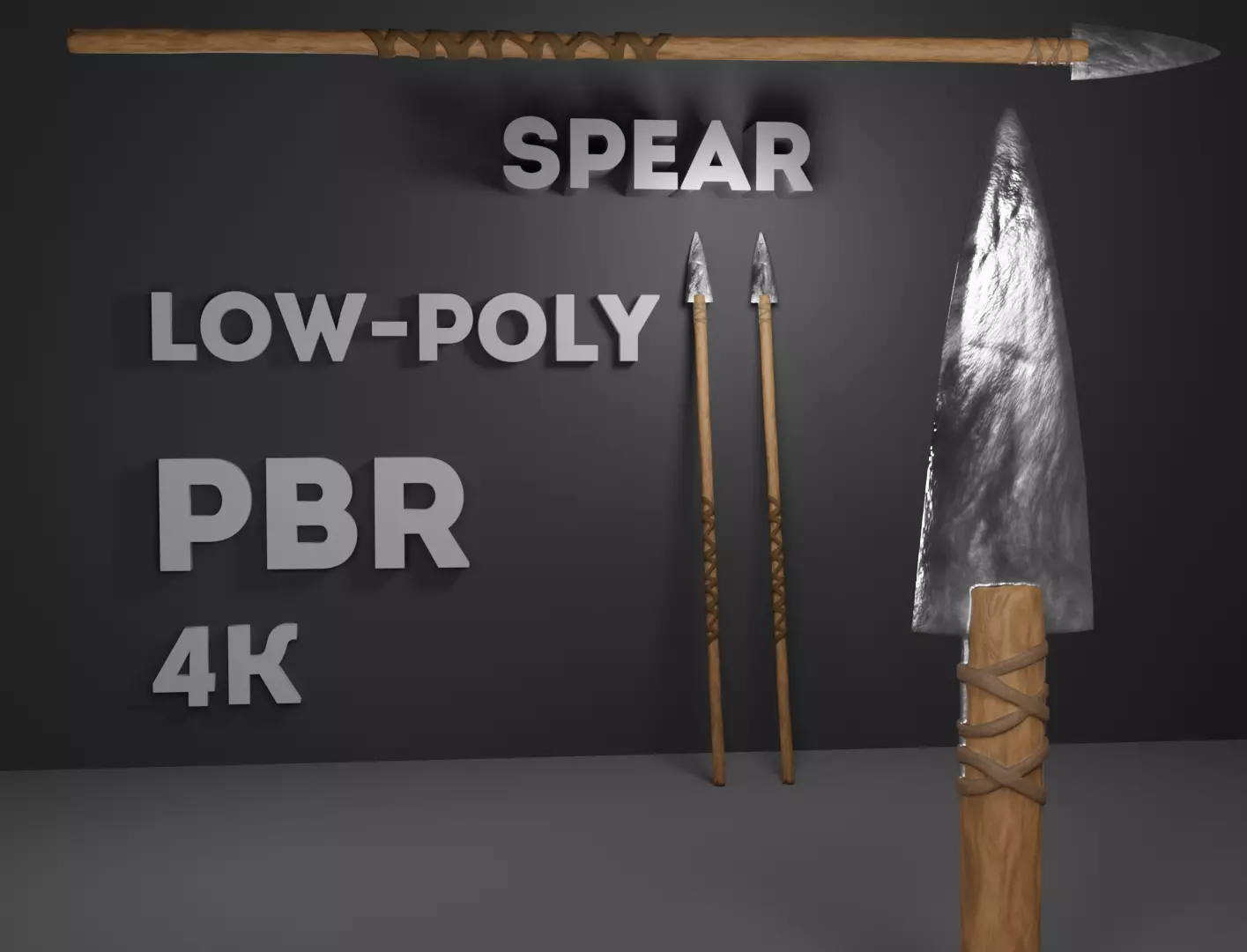 spear low-poly PBR with wooden handle Low-poly 3D model_0