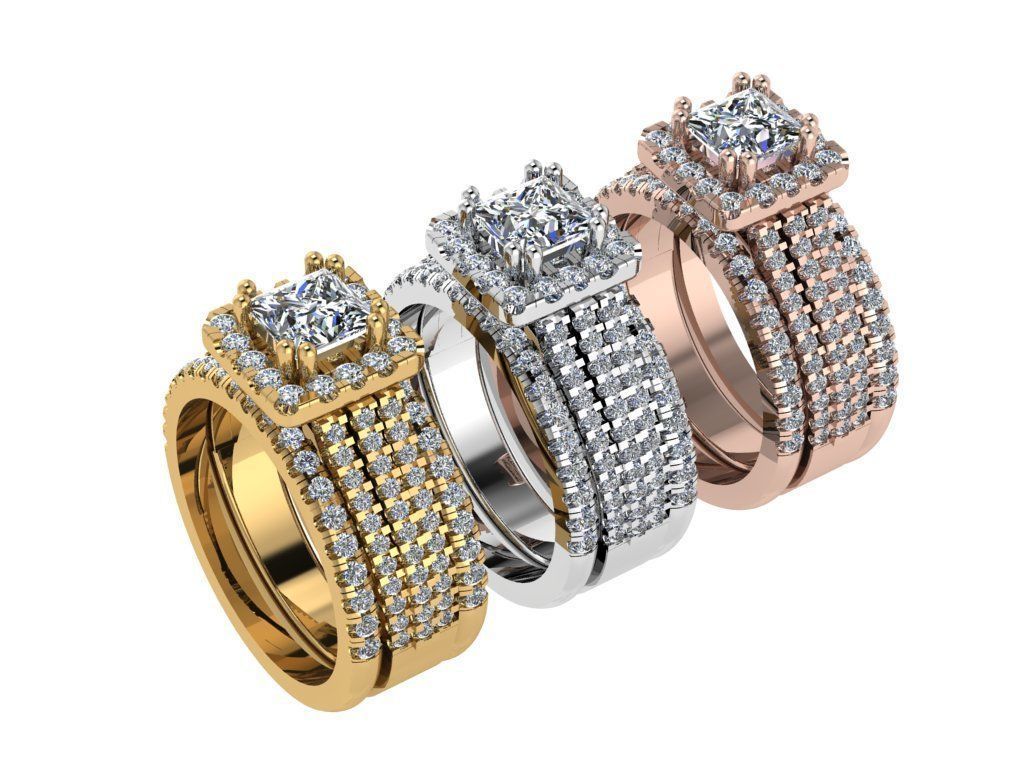 Ring057 gold bridal ring set with diamonds 3D print model_4