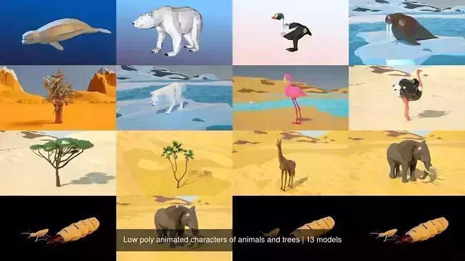 Low poly animated characters of animals and trees 3D Model Collection