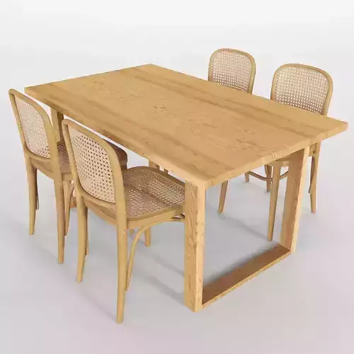 Oak Ski-Leg Dining Table and Luca Dining Chair yellow Set Low-poly 3D model