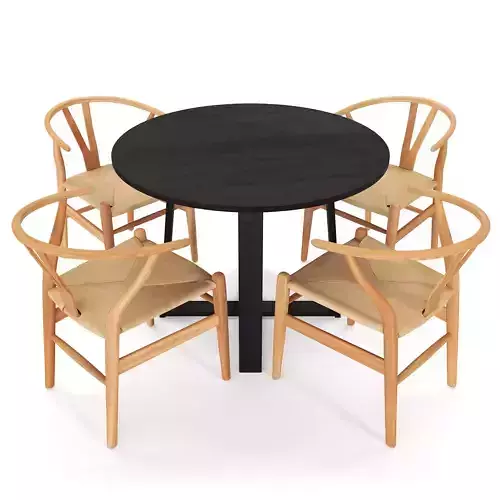 Olwen Oak Wood Round able and Hans Wegner Replica Chairs Low-poly 3D model
