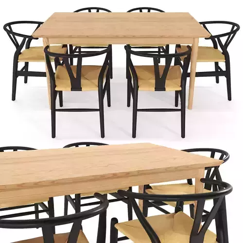 Oslo Oak Dining Table and Hans Wegner Replica Wishbone Chairs Low-poly 3D model