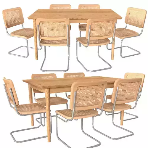 Dion Oak Veneer Table and Cesca Replica Cantilever Chairs Low-poly 3D model