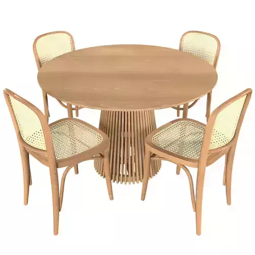 Darla Round Teak Wood Dining Table and Luca Beech Rattan Chairs Low-poly 3D model