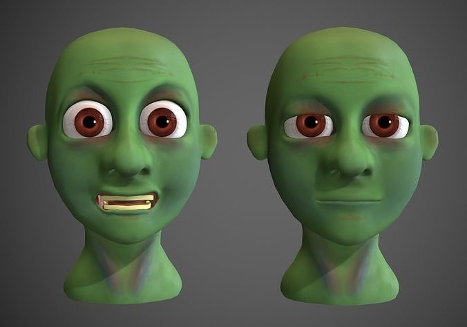 2x green sick zombie human head Low-poly 3D model