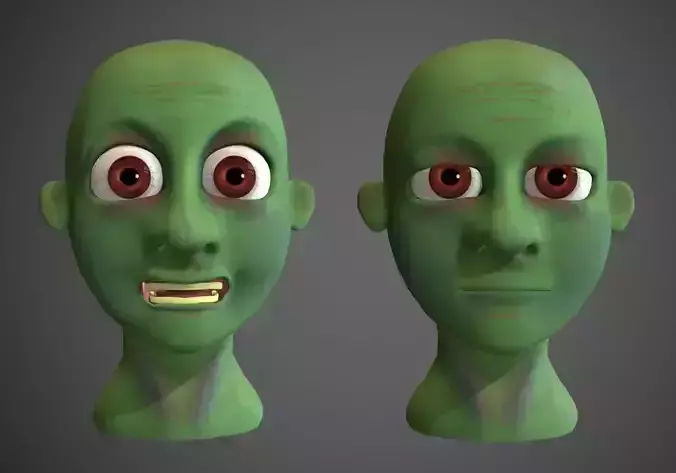 2x green sick zombie human head Low-poly 3D model