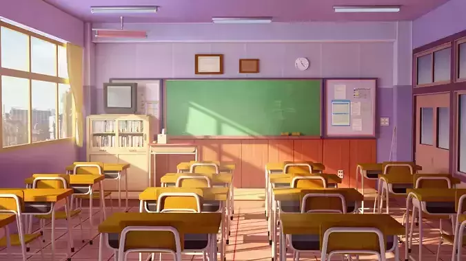 classroom with desks and chairs Low-poly 3D model
